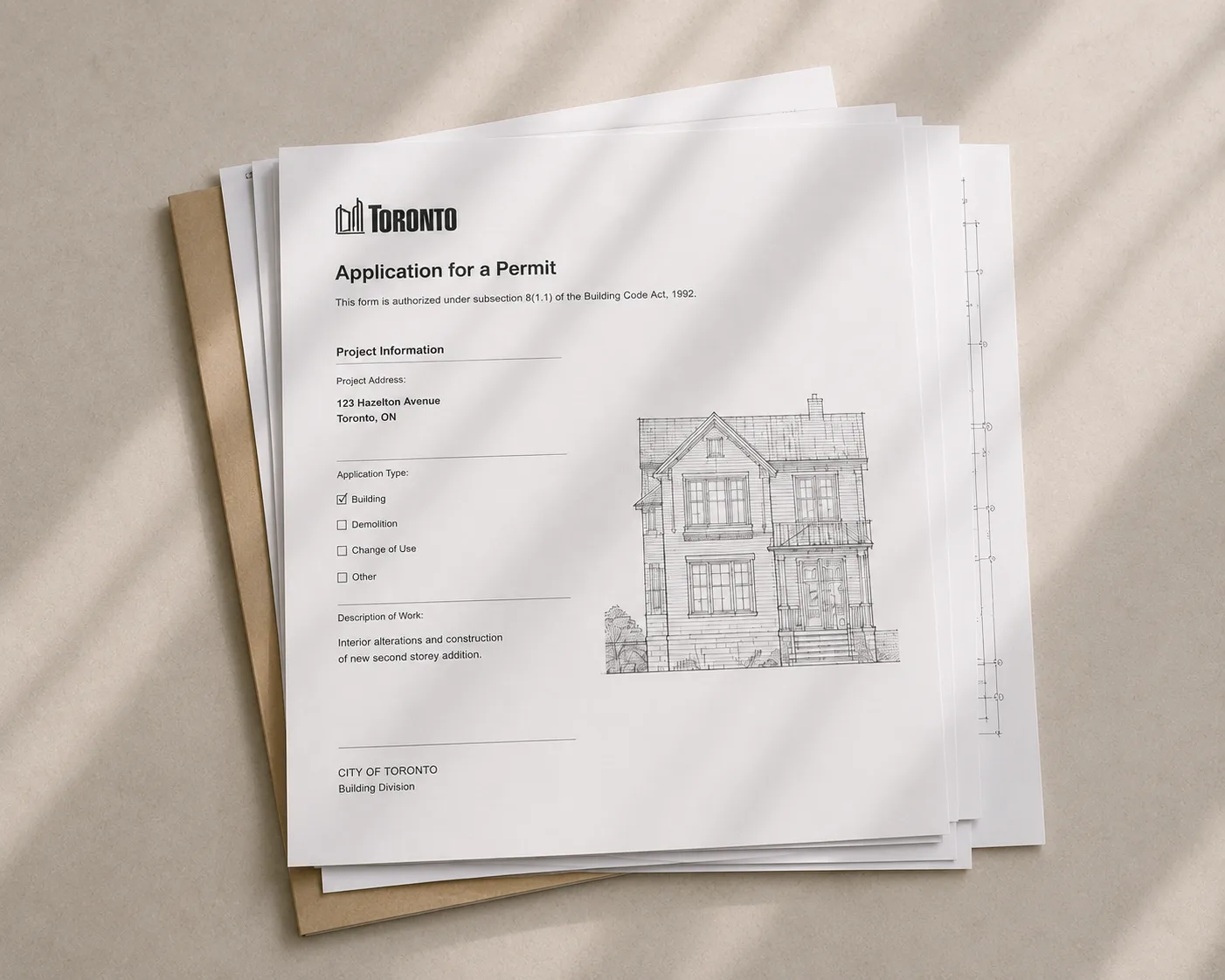 Architectural and structural permit drawings for a Toronto home addition