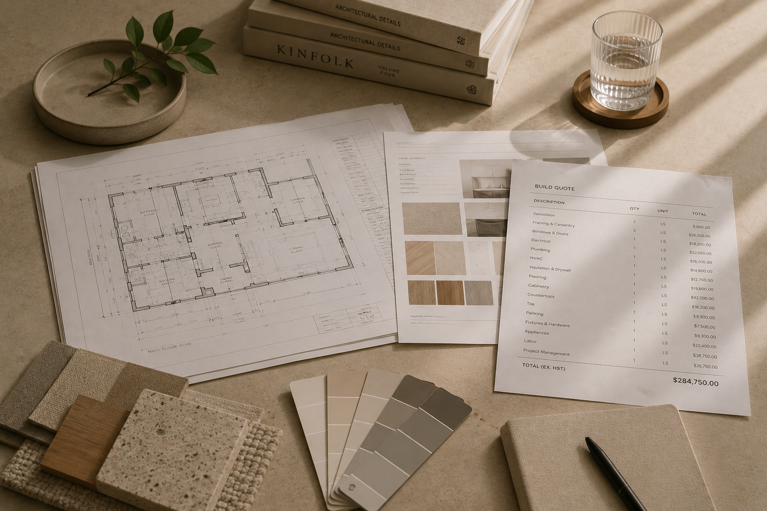 Floor plan drawing laid out with finish samples, paint chips, and a specification sheet