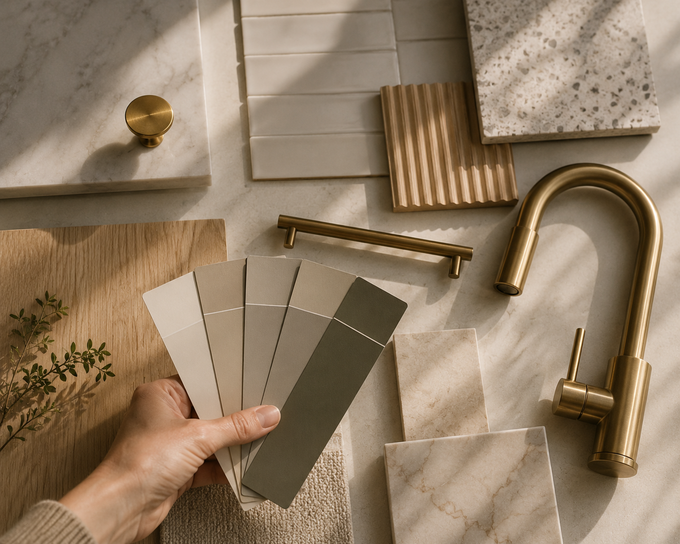 Hand fanning paint swatches over a flat lay of tile samples, brass hardware, and a brass faucet
