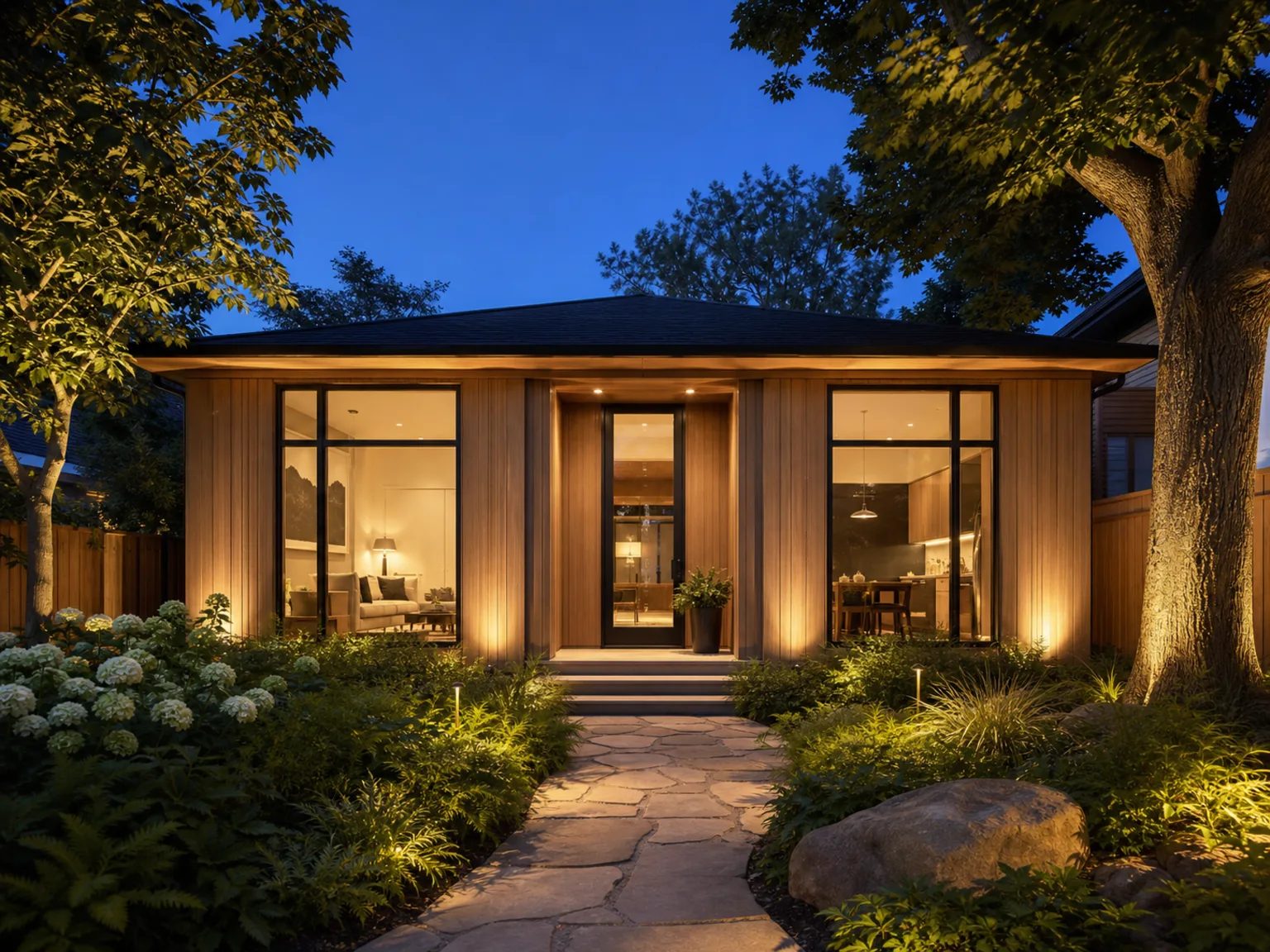 Modern garden suite with warm wood siding and large glowing windows in a landscaped backyard at dusk.
