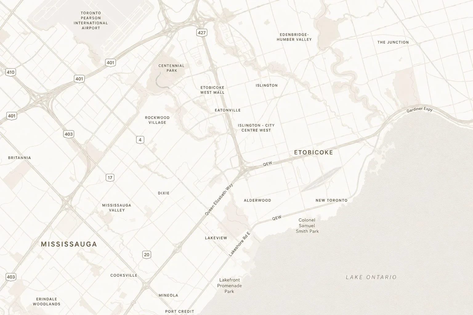 Map of Toronto's west end and Mississauga, including Etobicoke, along the lakeshore.