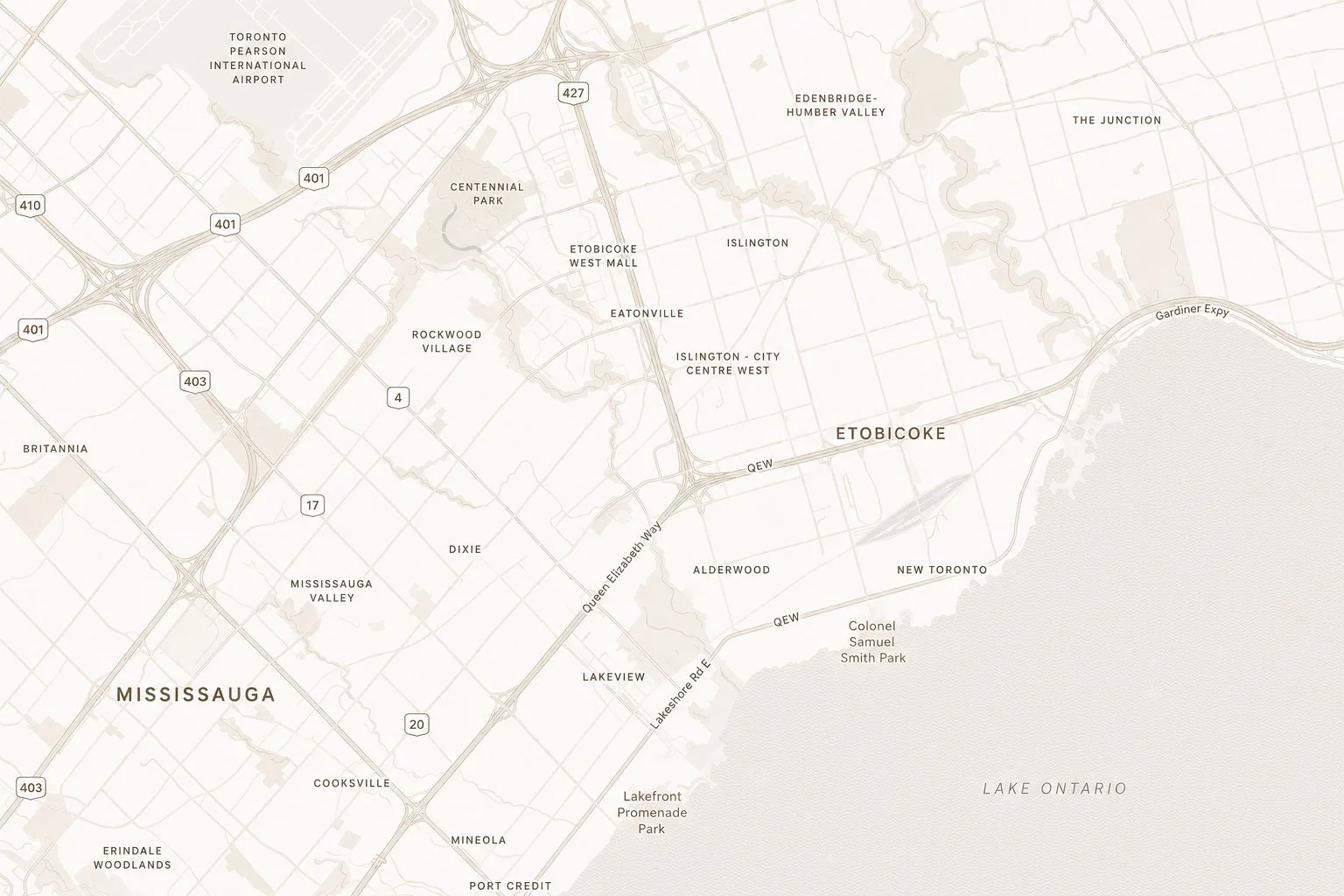Map of Toronto's west end and Mississauga, including Etobicoke, along the lakeshore.