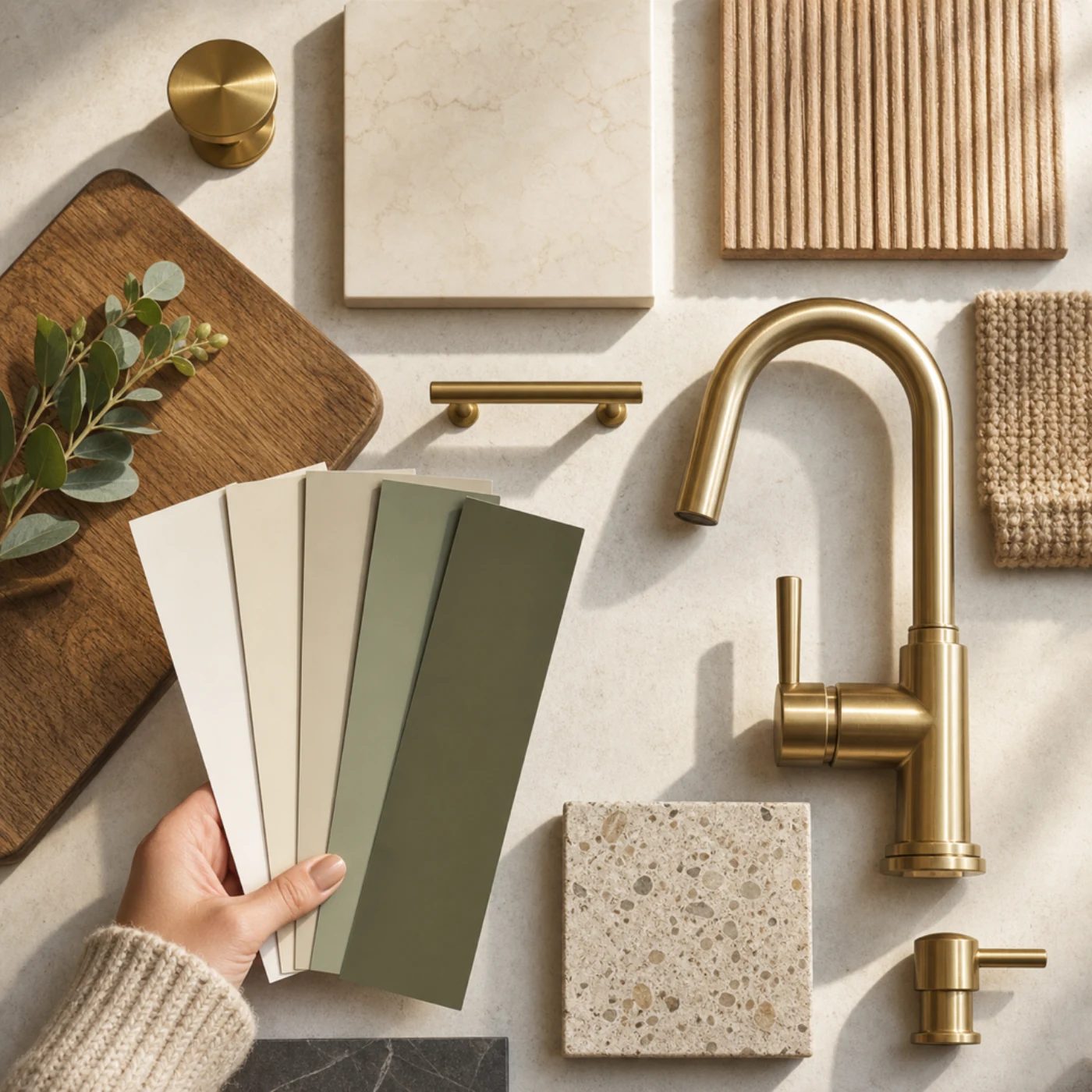 Hand compares green paint swatches beside tile samples, a brass faucet, and cabinet hardware.