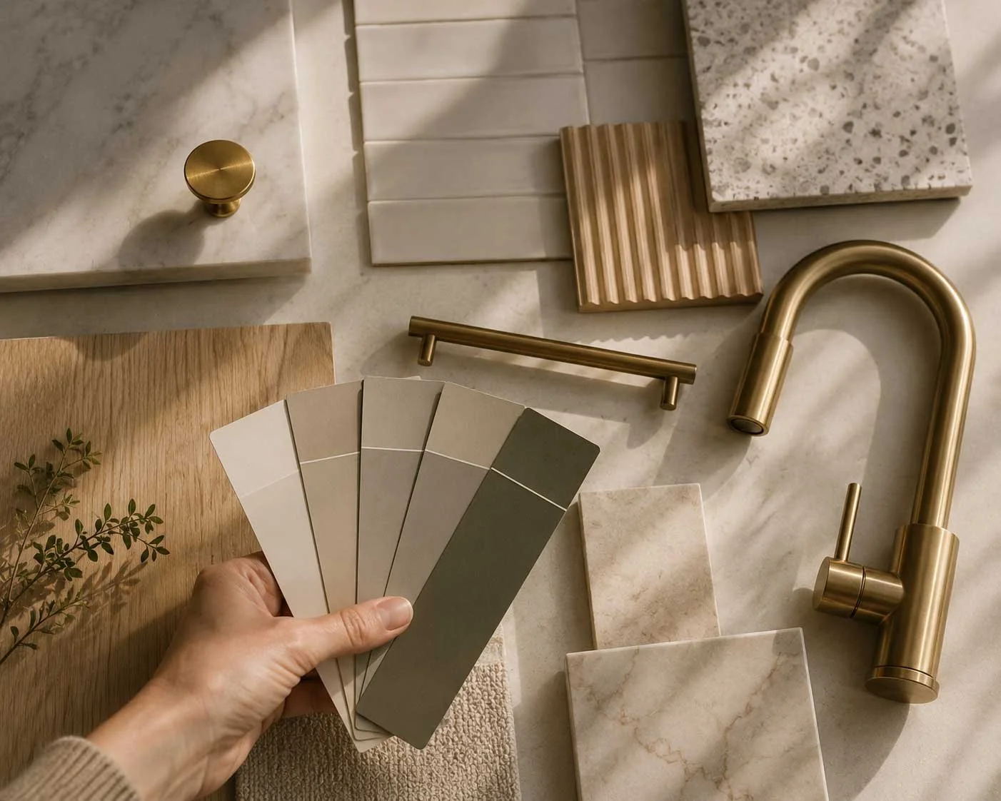 Hand compares green paint swatches beside tile samples, a brass faucet, and cabinet hardware.