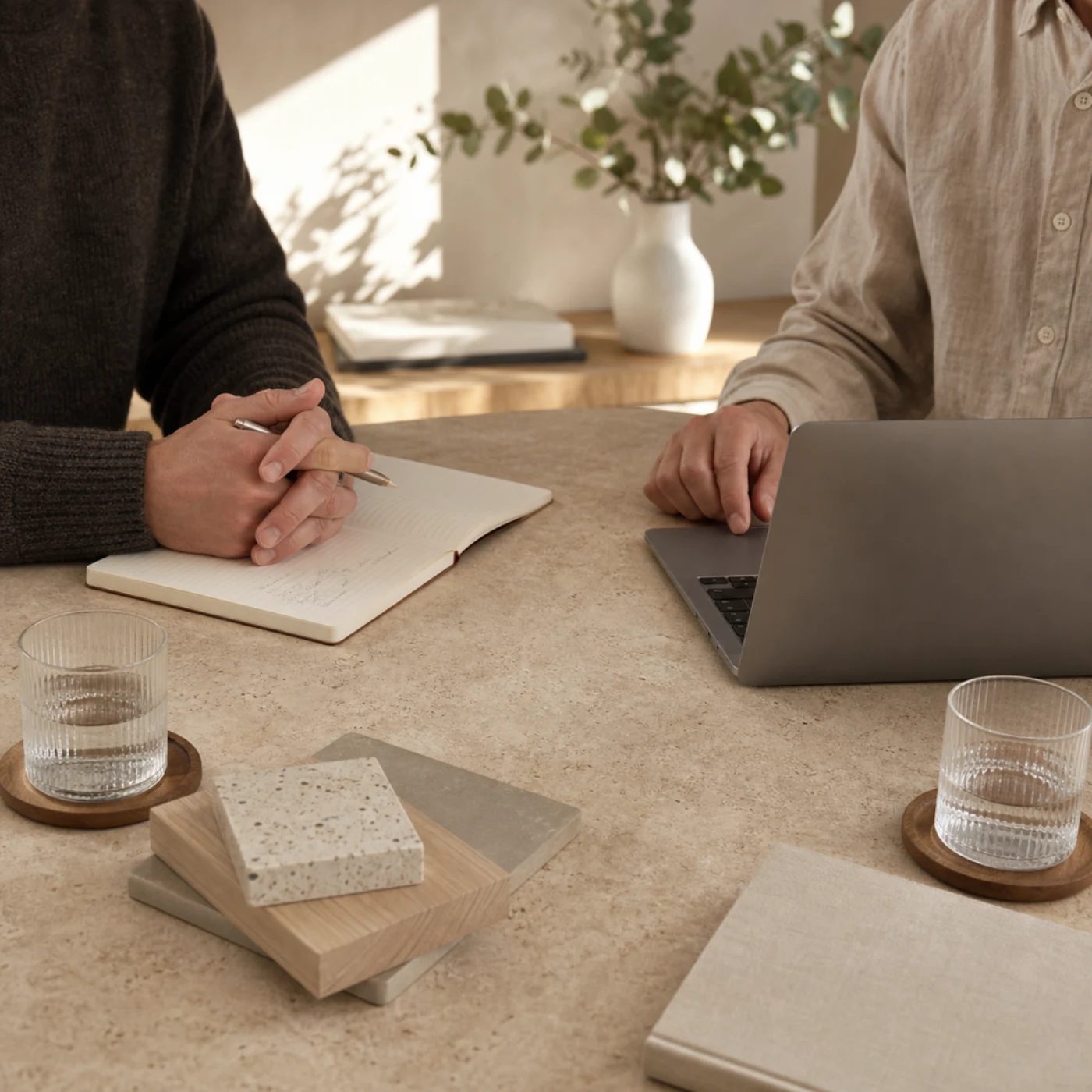 Two people review a renovation plan at a table with a laptop, notebook, and material samples.