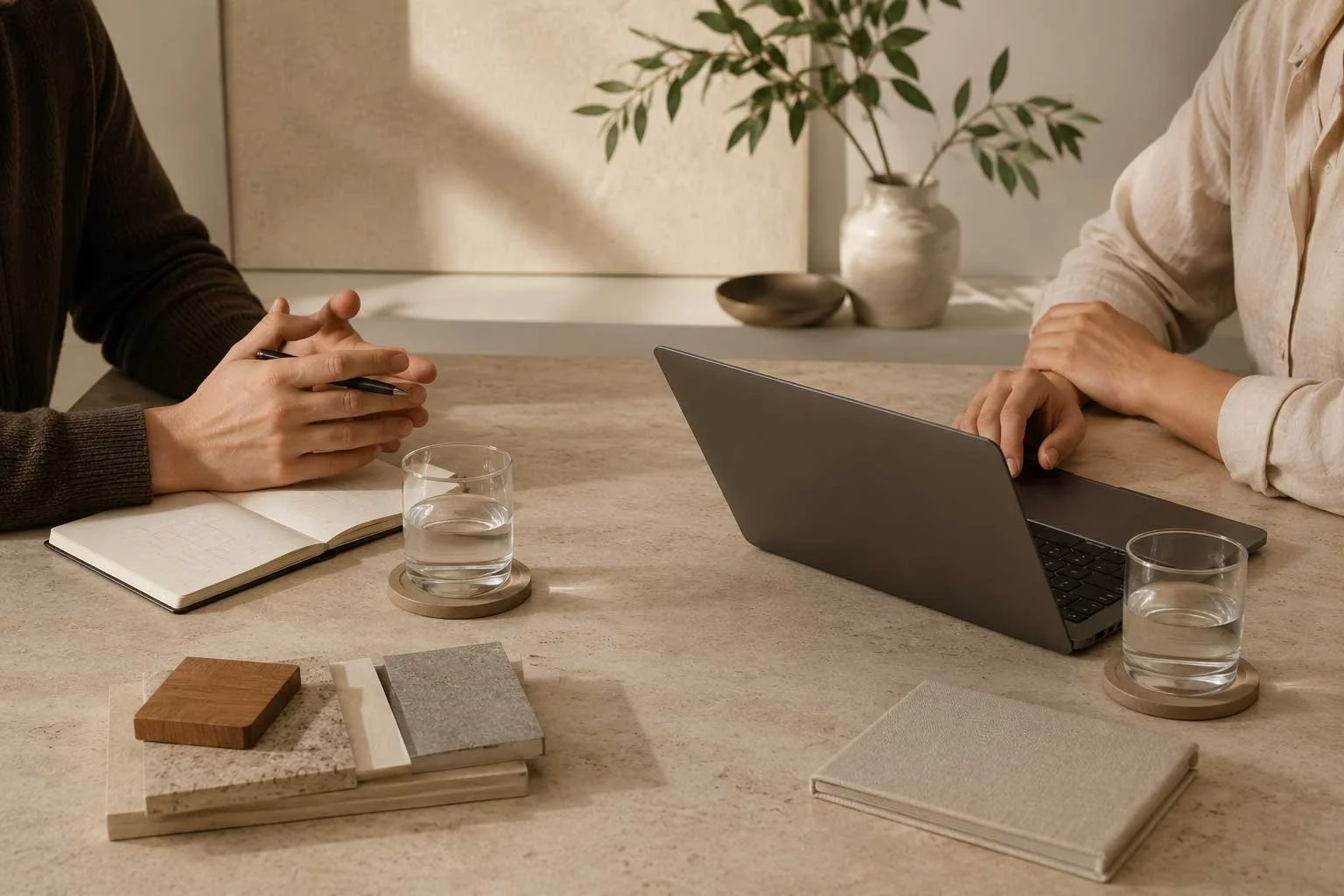 Two people review a renovation plan at a table with a laptop, notebook, and material samples.