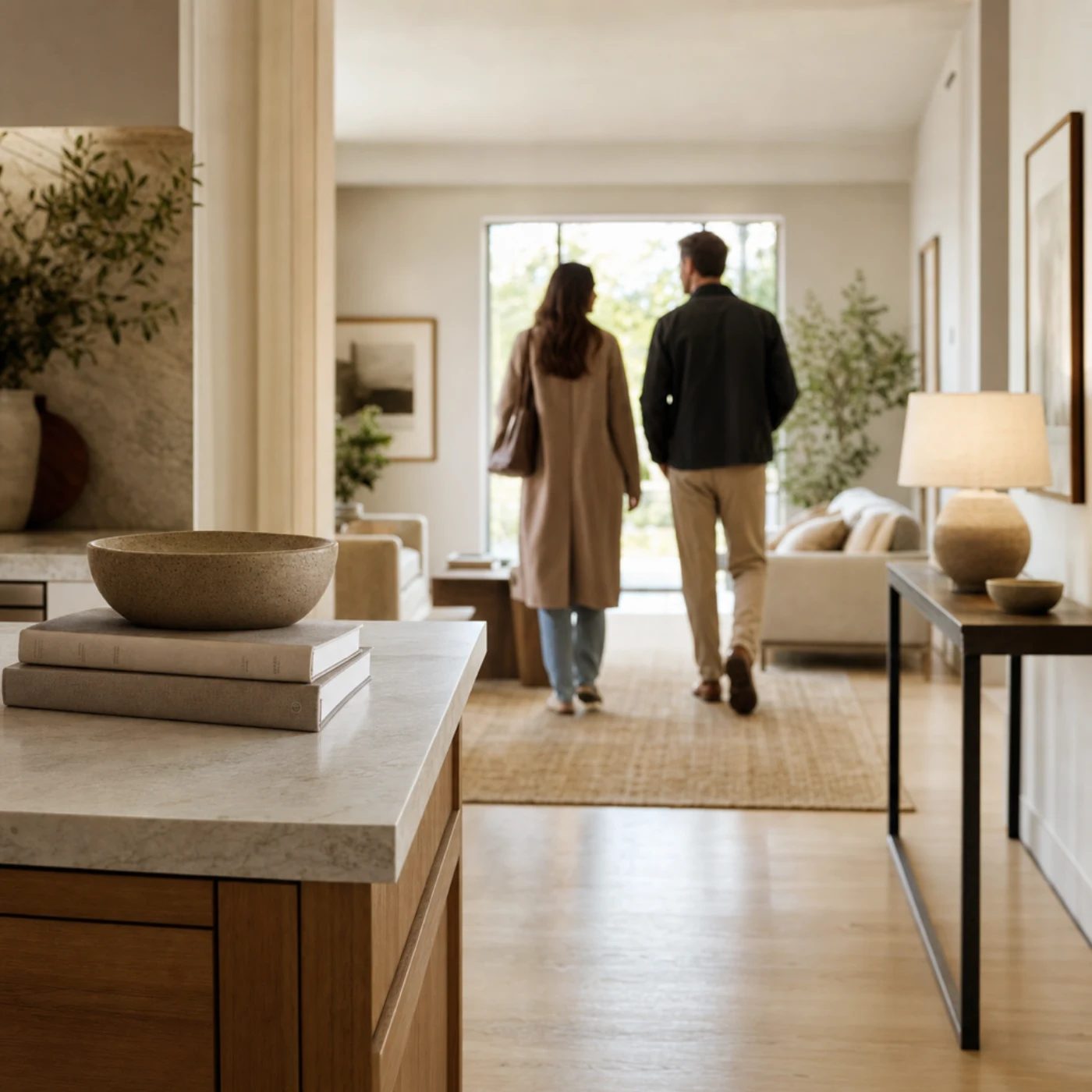 Couple walks through a finished open living space seen from the kitchen.