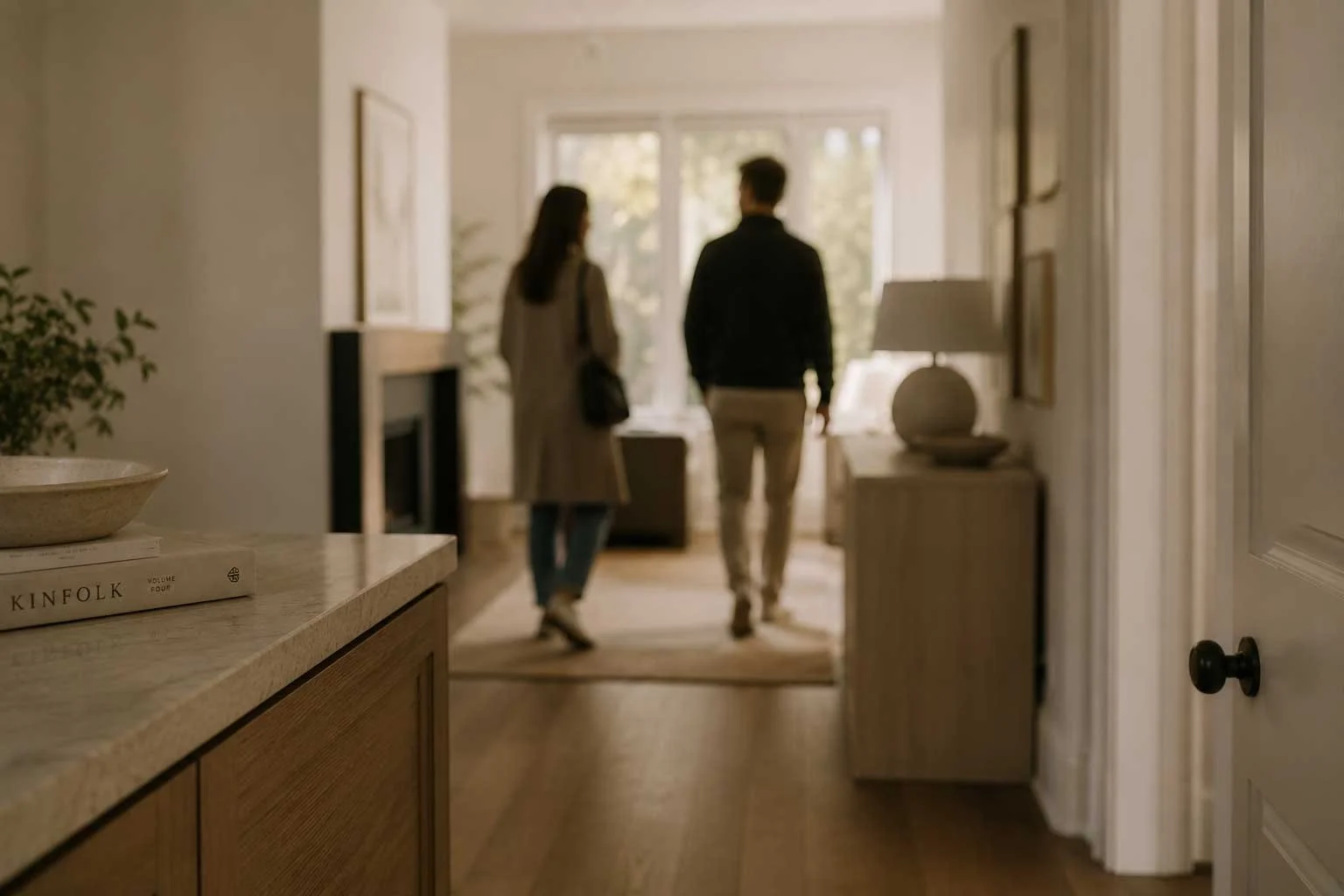 Couple walks through a finished open living space seen from the kitchen.