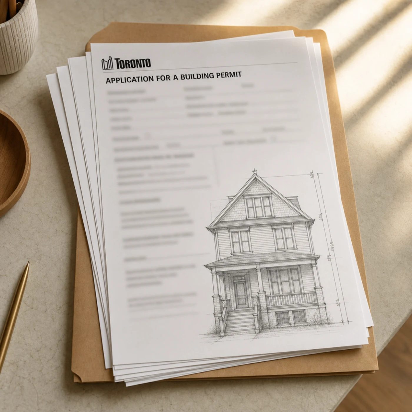 Stack of City of Toronto permit application documents with a house elevation drawing.