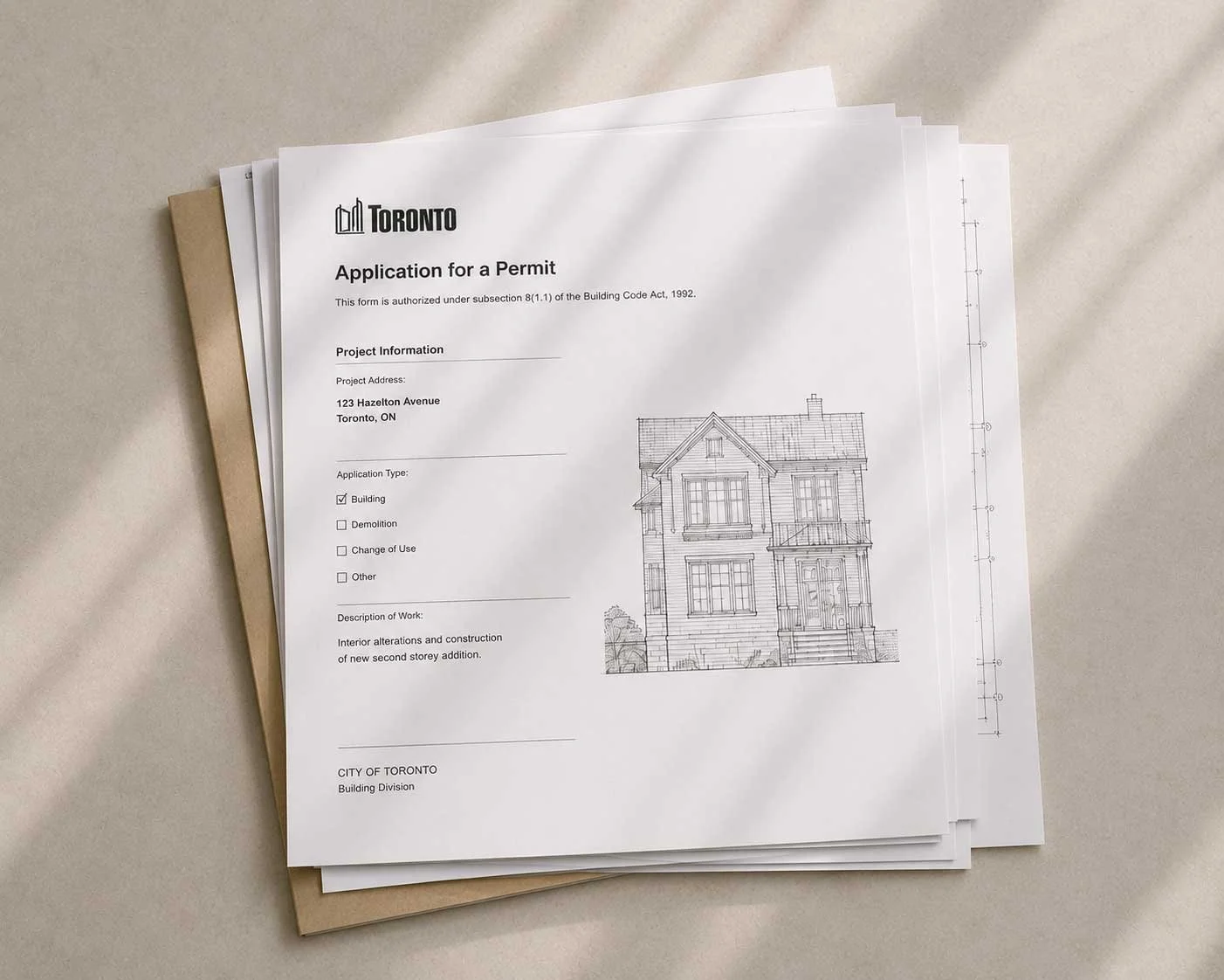 Stack of City of Toronto permit application documents with a house elevation drawing.