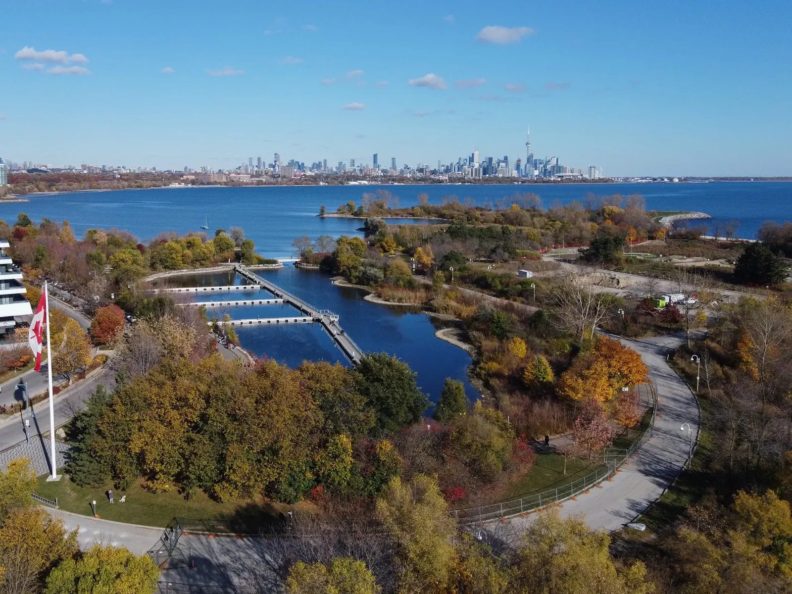 Humber Bay Park East shoreline looking toward the Toronto skyline.