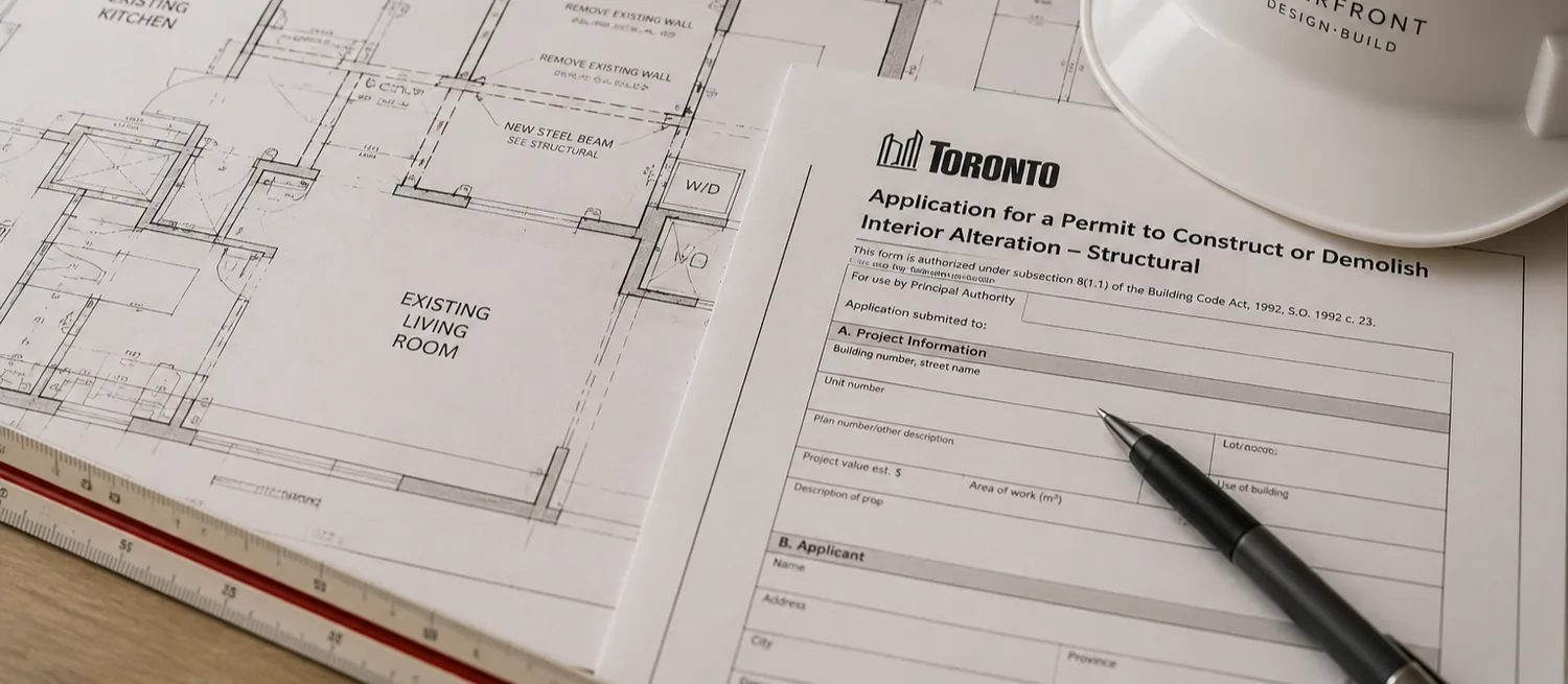 City of Toronto building permit notice posted in a window.