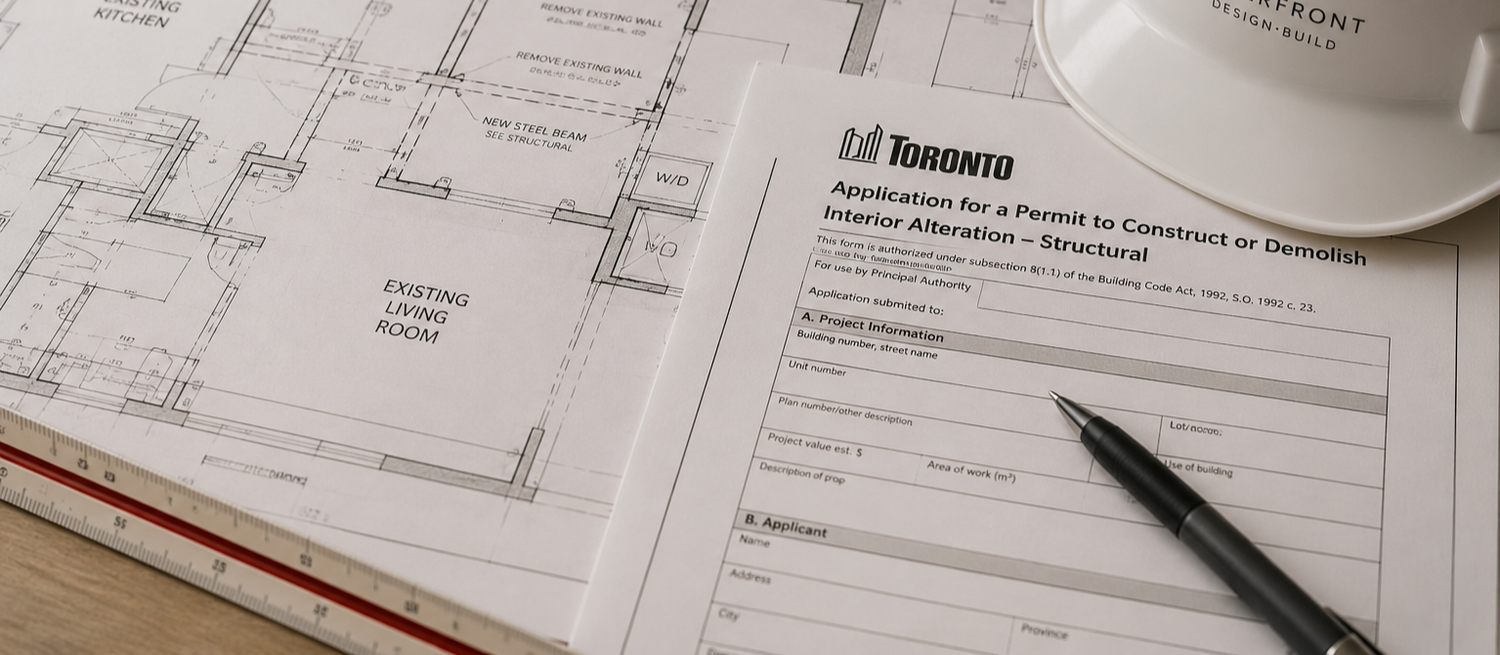 City of Toronto building permit notice posted in a window.