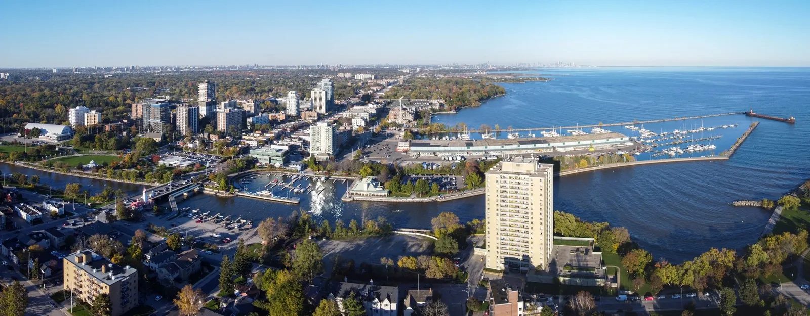 Aerial view of Port Credit, Mississauga, along the Lake Ontario shoreline.