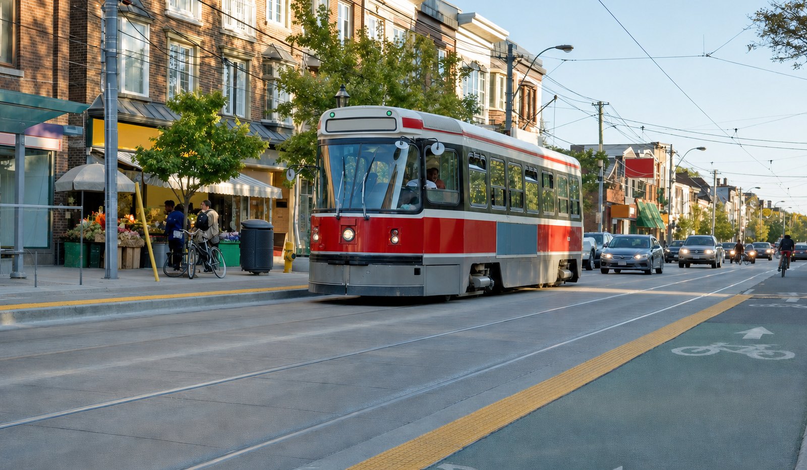 A red and white Toronto streetcar on a commercial city street, with pedestrians waiting at the stop.