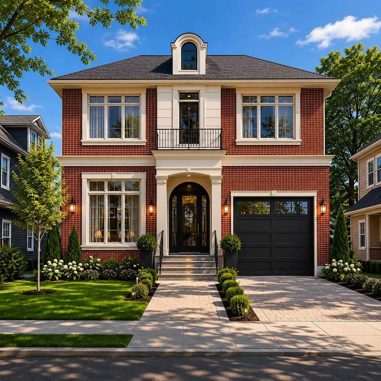 A victorian style home with black trim and brick exterior, designed by Waterfront, a design-build firm