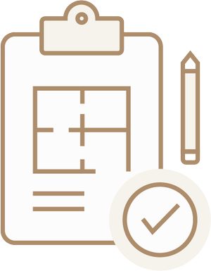 A clipboard with design details, a pencil, and a checkmark