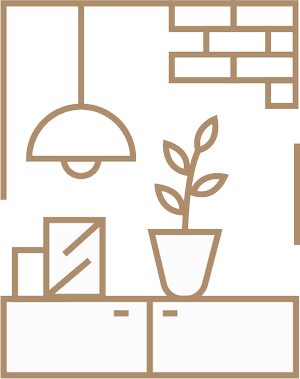 A hanging lamp, cabinetry, plants and interior elements