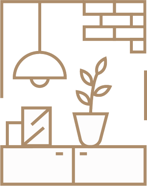 A hanging lamp, cabinetry, plants and interior elements