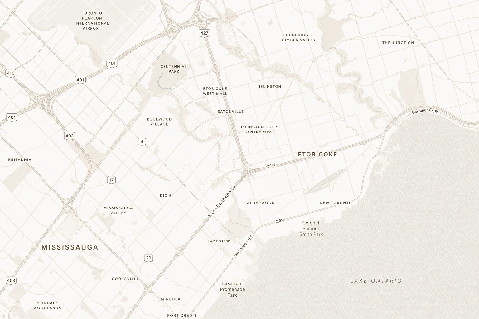 A map of the west end Toronto and Mississauga area comprising Etobicoke, The Junction, Lakeview, Cooksville, High Park, and Mississauga Valley.